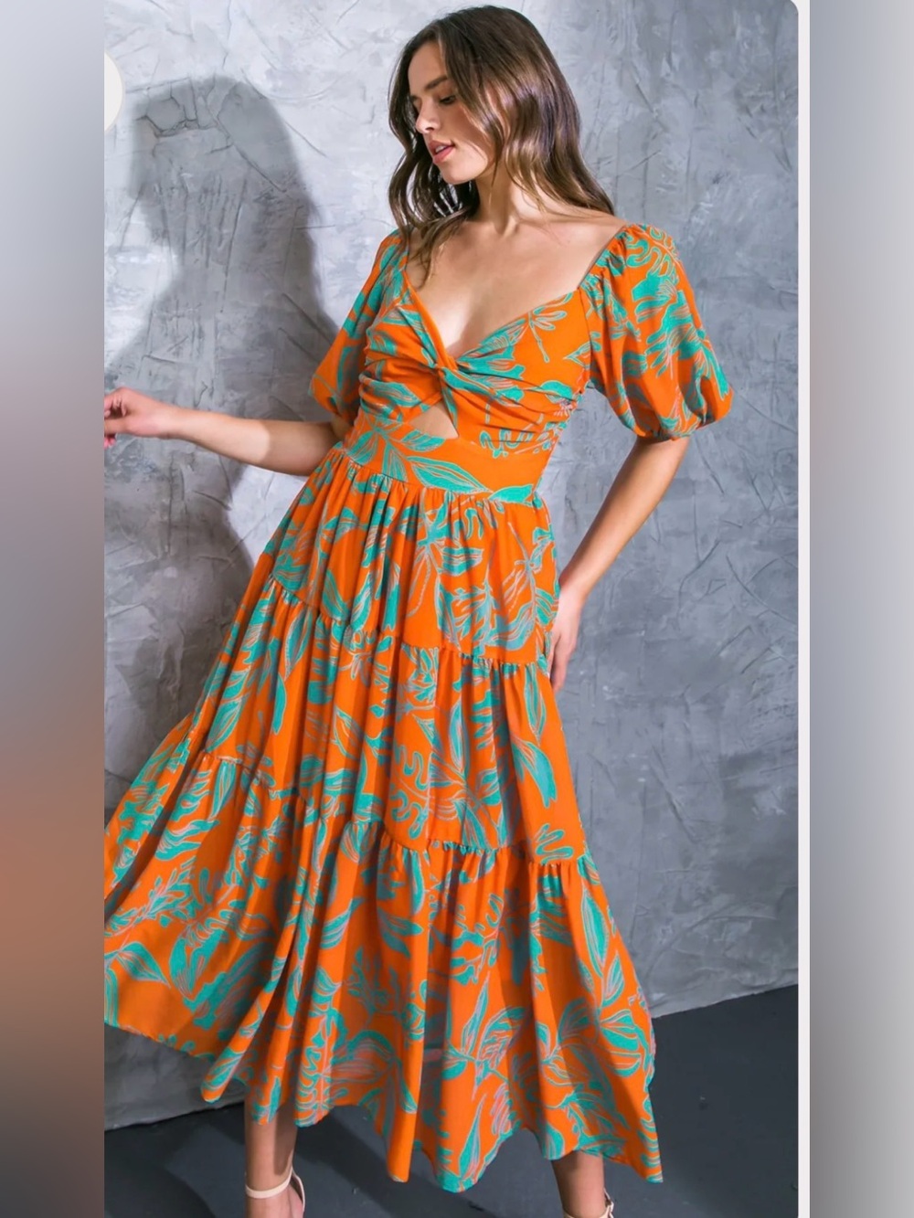 Flying Tomato Orange Midi Dress with Teal Floral Printing